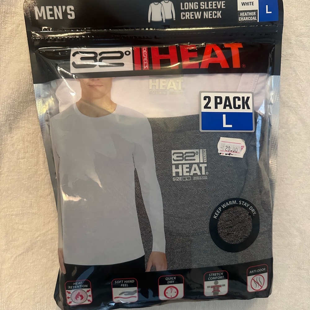 32 Degrees Men's Long Sleeve Crew Neck 2 Pack - White and Heather Charcoal